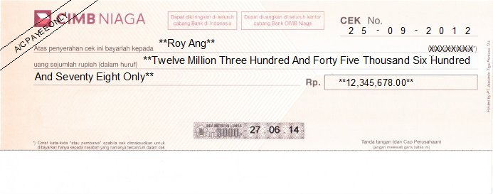 Printed Cheque of CIMB Niaga Indonesia Printed Cheque of CIMB Niaga Indonesia