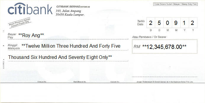 Printed Cheque of Citibank in Malaysia Printed Cheque of Citibank in Malaysia