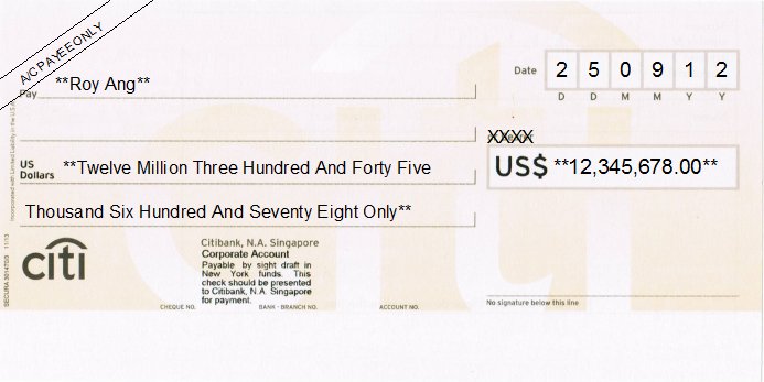 Printed Cheque of Citibank (US Dollar) Singapore Printed Cheque of Citibank (US Dollar) Singapore