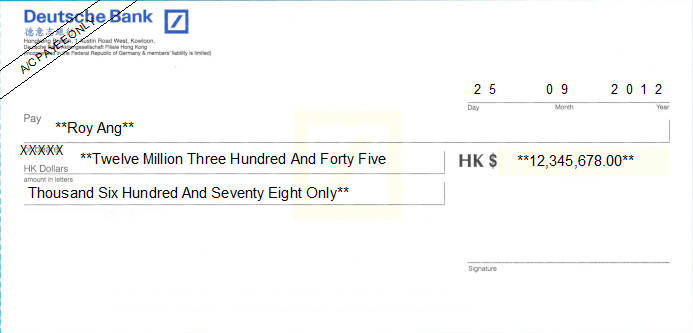 Printed Cheque of Deutsche Bank - 德意志銀行 in Hong Kong Printed Cheque of Deutsche Bank - 德意志銀行 in Hong Kong