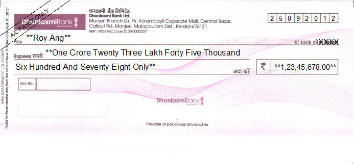 Printed Cheque of Dhanlaxmi Bank in India Printed Cheque of Dhanlaxmi Bank in India