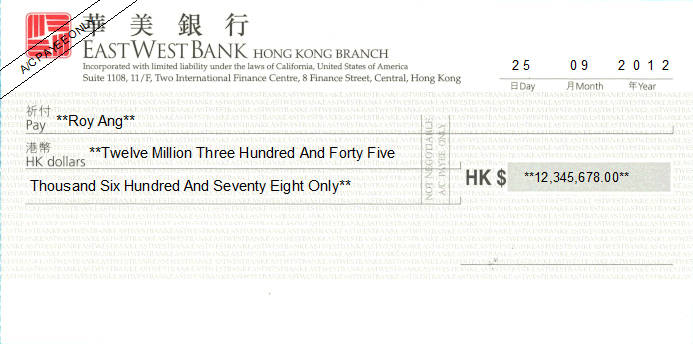 Printed Cheque of East West Bank - 華美銀行 in Hong Kong Printed Cheque of East West Bank - 華美銀行 in Hong Kong
