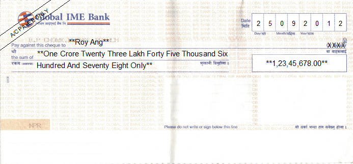 Printed Cheque of Global IME Bank in Nepal