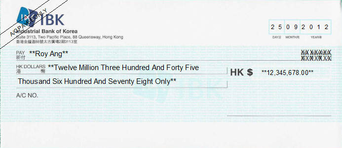 Printed Cheque of IBK Bank - Industrial Bank of Korea in Hong Kong Printed Cheque of IBK Bank - Industrial Bank of Korea in Hong Kong