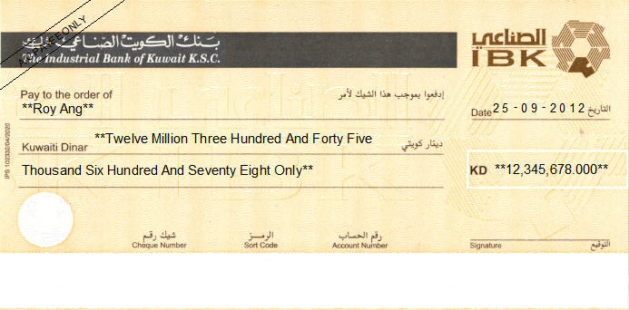 Printed Cheque of The Industrial Bank of Kuwait - IBK in Kuwait Printed Cheque of The Industrial Bank of Kuwait - IBK in Kuwait