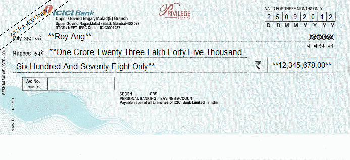 Printed Cheque of ICICI Bank India Printed Cheque of ICICI Bank India