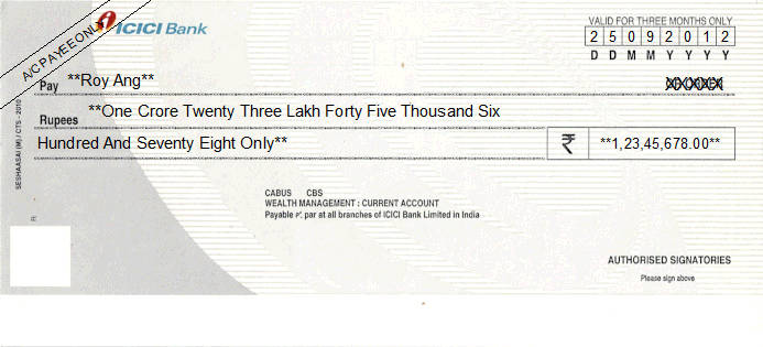 Printed Cheque of ICICI Bank (Wealth Management - Current) India Printed Cheque of ICICI Bank (Wealth Management - Current) India