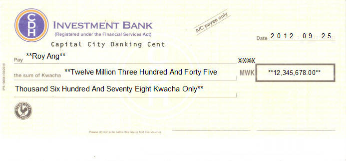 Printed Cheque of Investment Bank in Malawi Printed Cheque of Investment Bank in Malawi