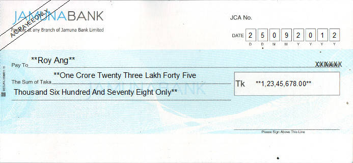 Printed Cheque of Jamuna Bank in Bangladesh Printed Cheque of Jamuna Bank in Bangladesh