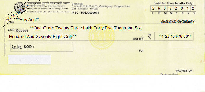 Printed Cheque of KAIJS Bank - Kallappanna AwadeIcha lkaranji Janata Sahakari Bank in India Printed Cheque of KAIJS Bank - Kallappanna AwadeIcha lkaranji Janata Sahakari Bank in India