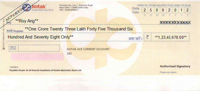 Printed Cheque of Kotak Mahindra Bank (Ace Current Account) in India Printed Cheque of Kotak Mahindra Bank (Ace Current Account) in India