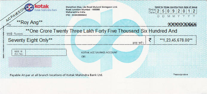Printed Cheque of Kotak Mahindra Bank (Ace Savings Account) in India Printed Cheque of Kotak Mahindra Bank (Ace Savings Account) in India
