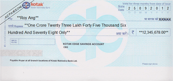 Printed Cheque of Kotak Mahindra Bank (Edge Savings Account) in India Printed Cheque of Kotak Mahindra Bank (Edge Savings Account) in India
