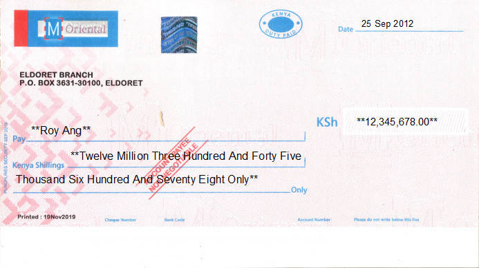 Printed Cheque of M Oriental Bank in Kenya Printed Cheque of M Oriental Bank in Kenya