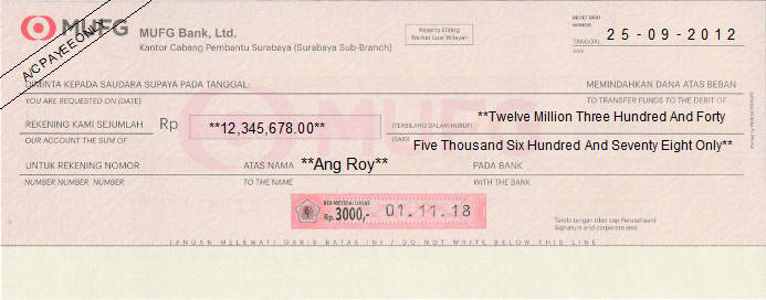 Printed Cheque of MUFG Bank in Indonesia Printed Cheque of MUFG Bank in Indonesia