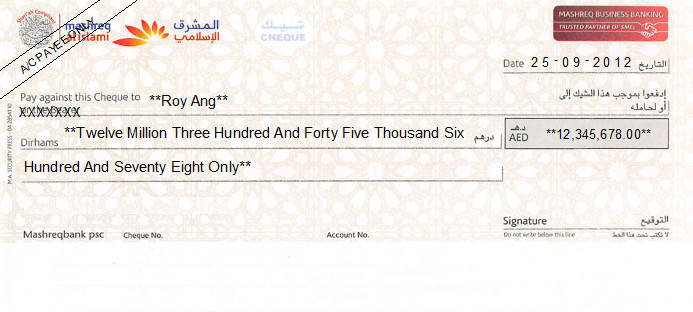Printed Cheque of Mashreq Al Islami (Business Banking) in UAE Printed Cheque of Mashreq Al Islami (Business Banking) in UAE