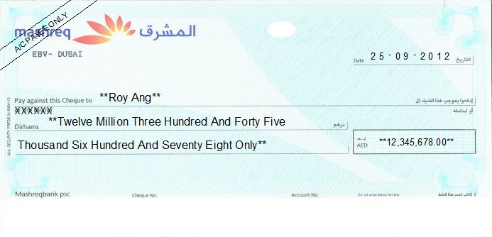 Printed Cheque of Mashreq Bank UAE Printed Cheque of Mashreq Bank UAE