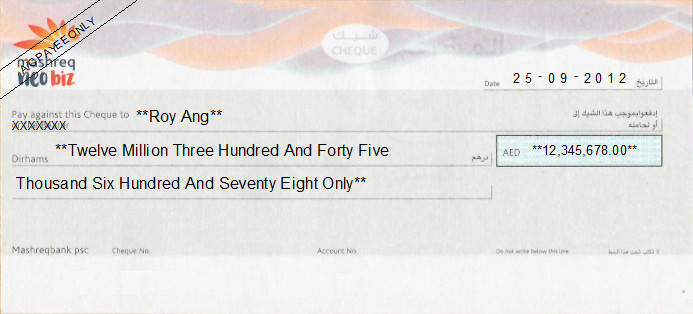 Printed Cheque of Mashreq Bank (NeoBiz) in UAE Printed Cheque of Mashreq Bank (NeoBiz) in UAE