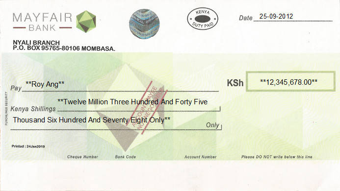 Printed Cheque of Mayfair Bank in Kenya Printed Cheque of Mayfair Bank in Kenya