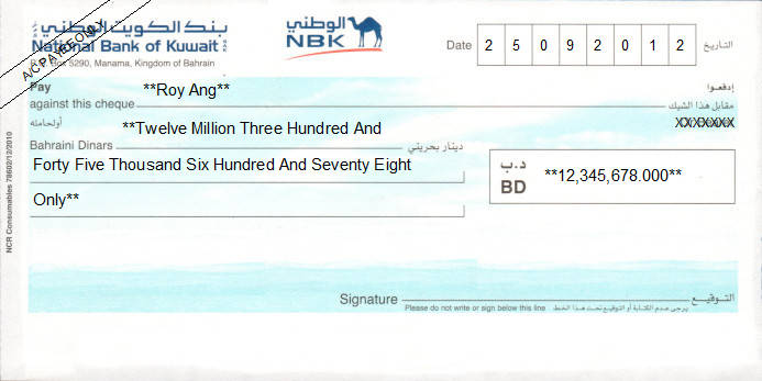 Printed Cheque of NBK - National Bank of Kuwait in Bahrain Printed Cheque of NBK - National Bank of Kuwait in Bahrain