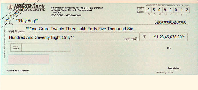 Printed Cheque of NKGSB Co-op. Bank in India Printed Cheque of NKGSB Co-op. Bank in India