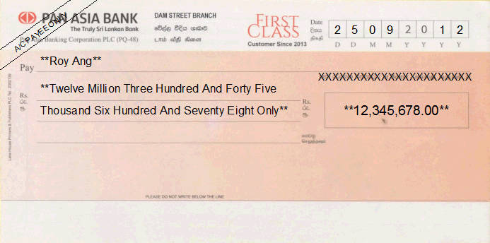 Printed Cheque of Pan Asia Bank (First Class) in Sri Lanka Printed Cheque of Pan Asia Bank (First Class) in Sri Lanka