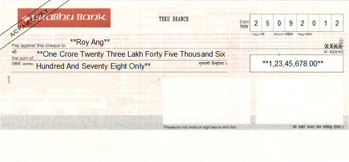 Printed Cheque of Prabhu Bank in Nepal