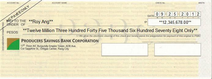 Printed Cheque of Producers Savings Bank Corporation Philippines Printed Cheque of Producers Savings Bank Corporation Philippines