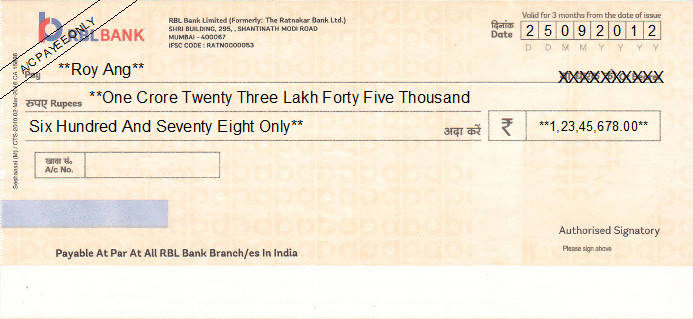 Printed Cheque of RBL Bank (The Ratnakar Bank) India Printed Cheque of RBL Bank (The Ratnakar Bank) India