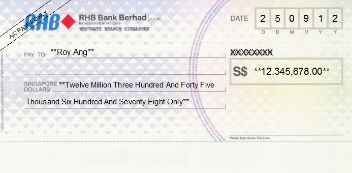 Printed Cheque of RHB Bank Singapore Printed Cheque of RHB Bank Singapore