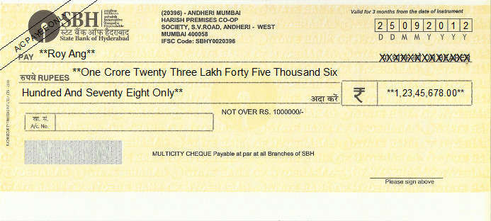 Printed Cheque of SBH - State Bank of Hyderabad in India Printed Cheque of SBH - State Bank of Hyderabad in India