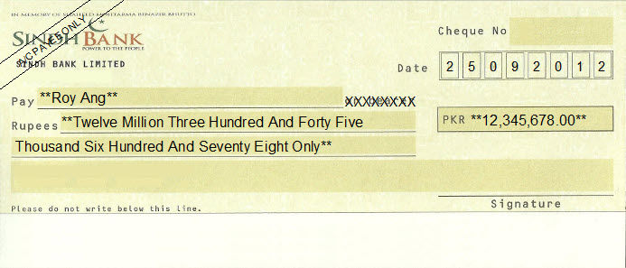 Printed Cheque of Sindh Bank Pakistan Printed Cheque of Sindh Bank Pakistan