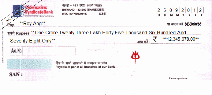 Printed Cheque of Syndicate Bank India Printed Cheque of Syndicate Bank India