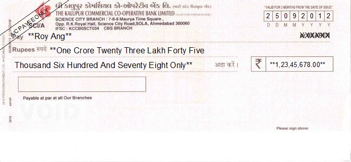 Printed Cheque of The Kalupur Commercial Co-operative Bank India Printed Cheque of The Kalupur Commercial Co-operative Bank India