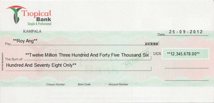 Printed Cheque of Tropical Bank (UGX) in Uganda Printed Cheque of Tropical Bank (UGX) in Uganda