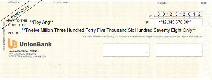 Printed Cheque of Union Bank Philippines Printed Cheque of Union Bank Philippines