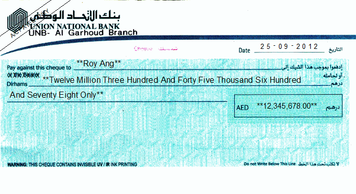 Printed Cheque of Union National Bank UAE Printed Cheque of Union National Bank UAE