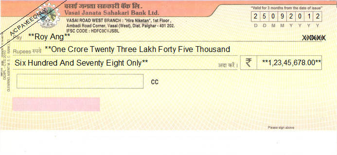 Printed Cheque of Vasai Janata Sahakari Bank in India Printed Cheque of Vasai Janata Sahakari Bank in India