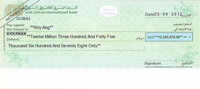 Printed Cheque of AAIB - Arab African International Bank in UAE Printed Cheque of AAIB - Arab African International Bank in UAE