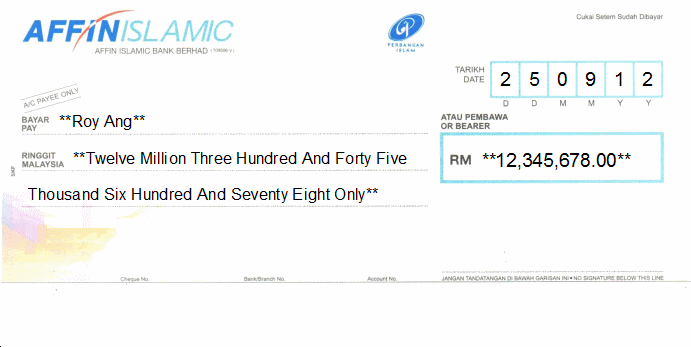 Printed Cheque of Affin Islamic Bank in Malaysia Printed Cheque of Affin Islamic Bank in Malaysia