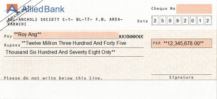 Printed Cheque of Allied Bank Pakistan Printed Cheque of Allied Bank Pakistan