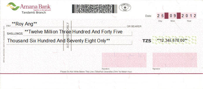 Printed Cheque of Amana Bank Tanzania
