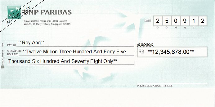 Printed Cheque of BNP Paribas Singapore Printed Cheque of BNP Paribas Singapore