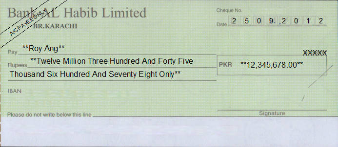 Printed Cheque of Bank AL Habib Limited Pakistan Printed Cheque of Bank AL Habib Limited Pakistan