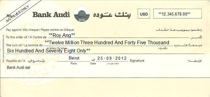 Printed Cheque of Bank Audi Lebanon