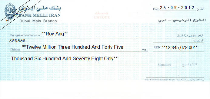 Printed Cheque of Bank Melli Iran (Personal) in UAE Printed Cheque of Bank Melli Iran (Personal) in UAE