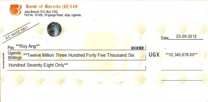 Printed Cheque of Bank of Baroda (UGX) in Uganda Printed Cheque of Bank of Baroda (UGX) in Uganda