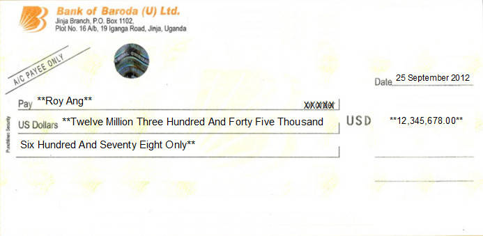 Printed Cheque of Bank of Baroda (USD) in Uganda Printed Cheque of Bank of Baroda (USD) in Uganda
