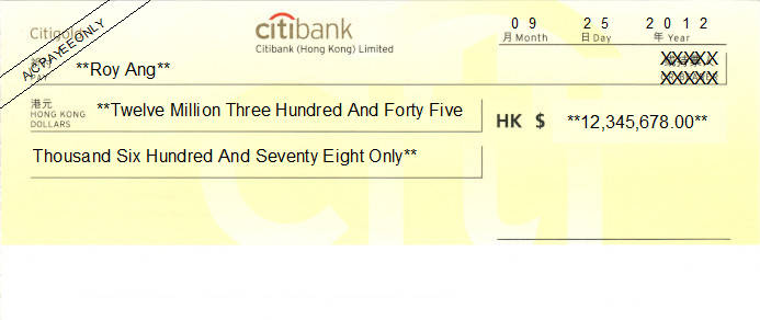 Printed Cheque of Citibank (Citigold) in Hong Kong (花旗銀行) Printed Cheque of Citibank (Citigold) in Hong Kong (花旗銀行)