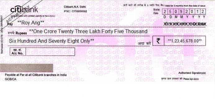 Printed Cheque of Citibank India Printed Cheque of Citibank India